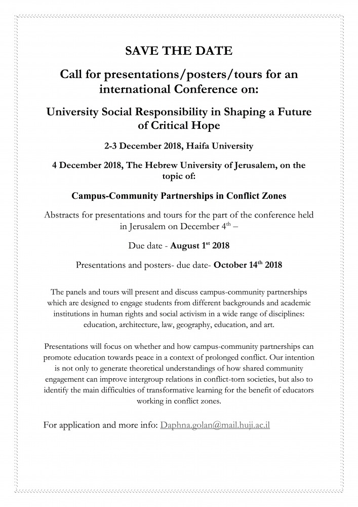 Call for Papers and SAVE THE DATE: Campus-Community Partnerships in Conflict Zones